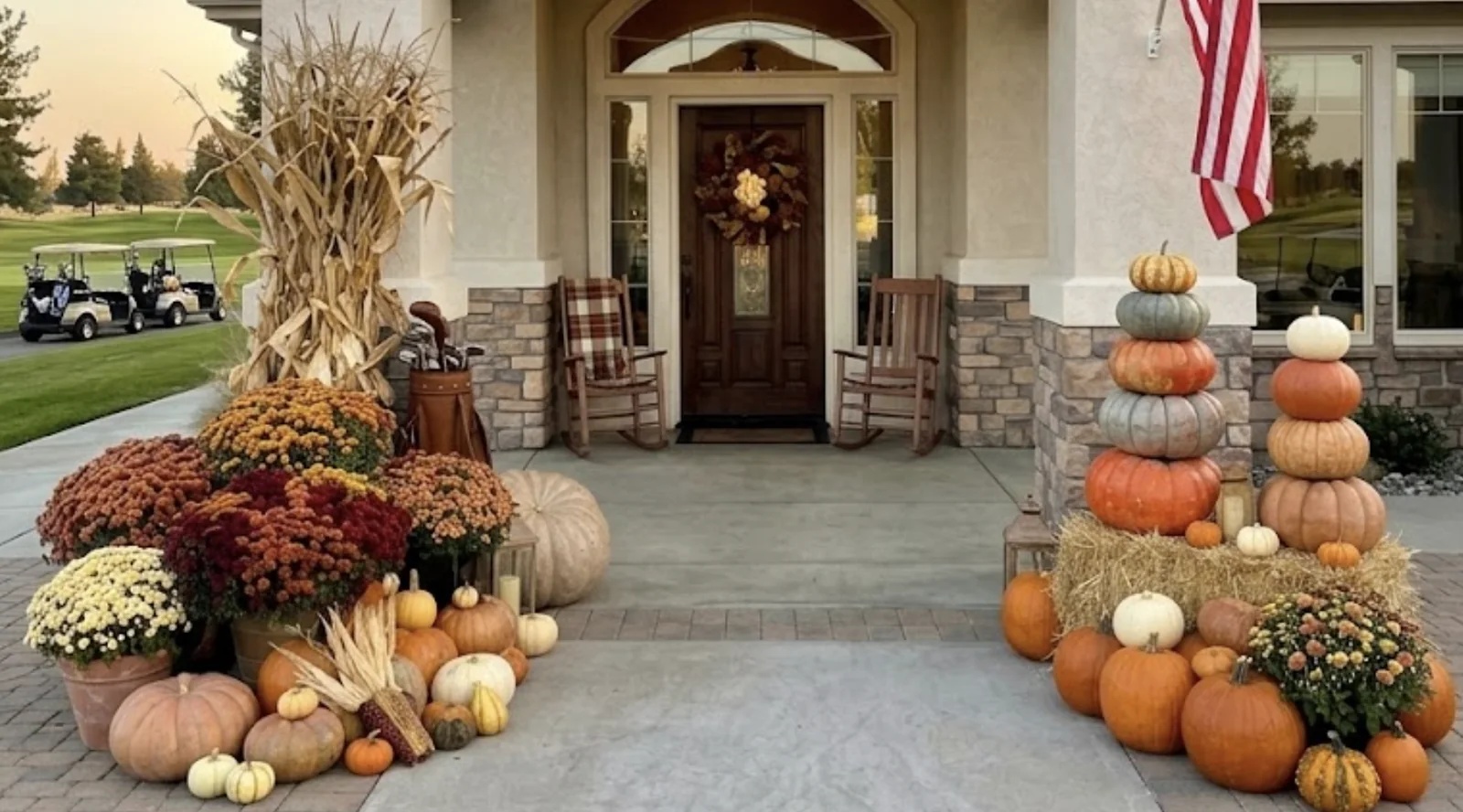 A styled fall entrance at a golf club clubhouse: stacked heirloom pumpkins, cornstalks, mums, and hay bales flanking the front door, with golf carts on the course beyond