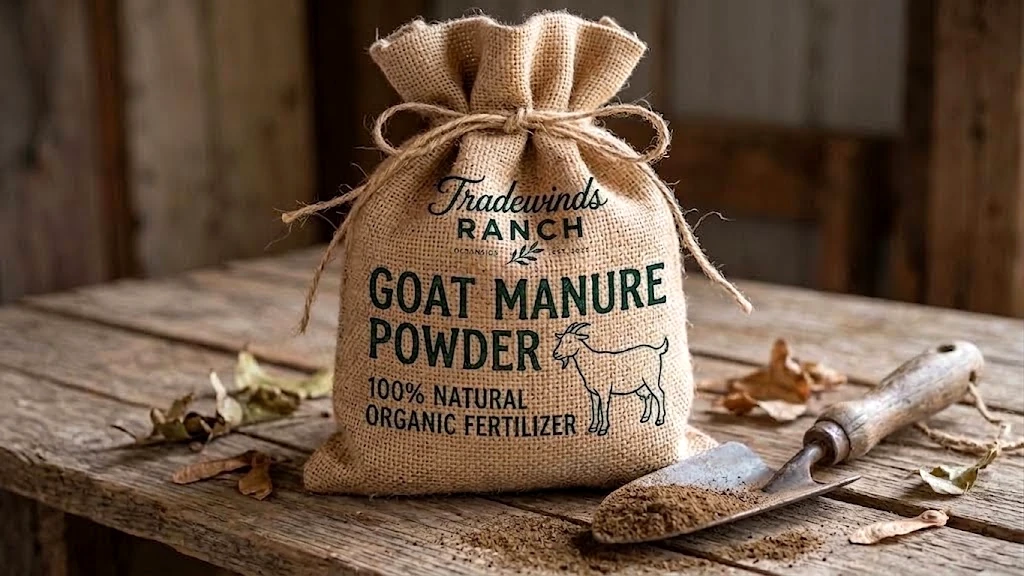 A burlap sack of Tradewinds Ranch goat manure powder, a natural organic fertilizer, on a wood table