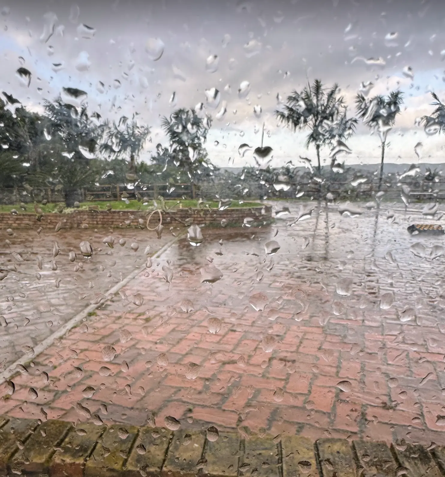Rain streaming down a window over the brick courtyard, palms, and coastal hills at Tradewinds Ranch after a winter storm