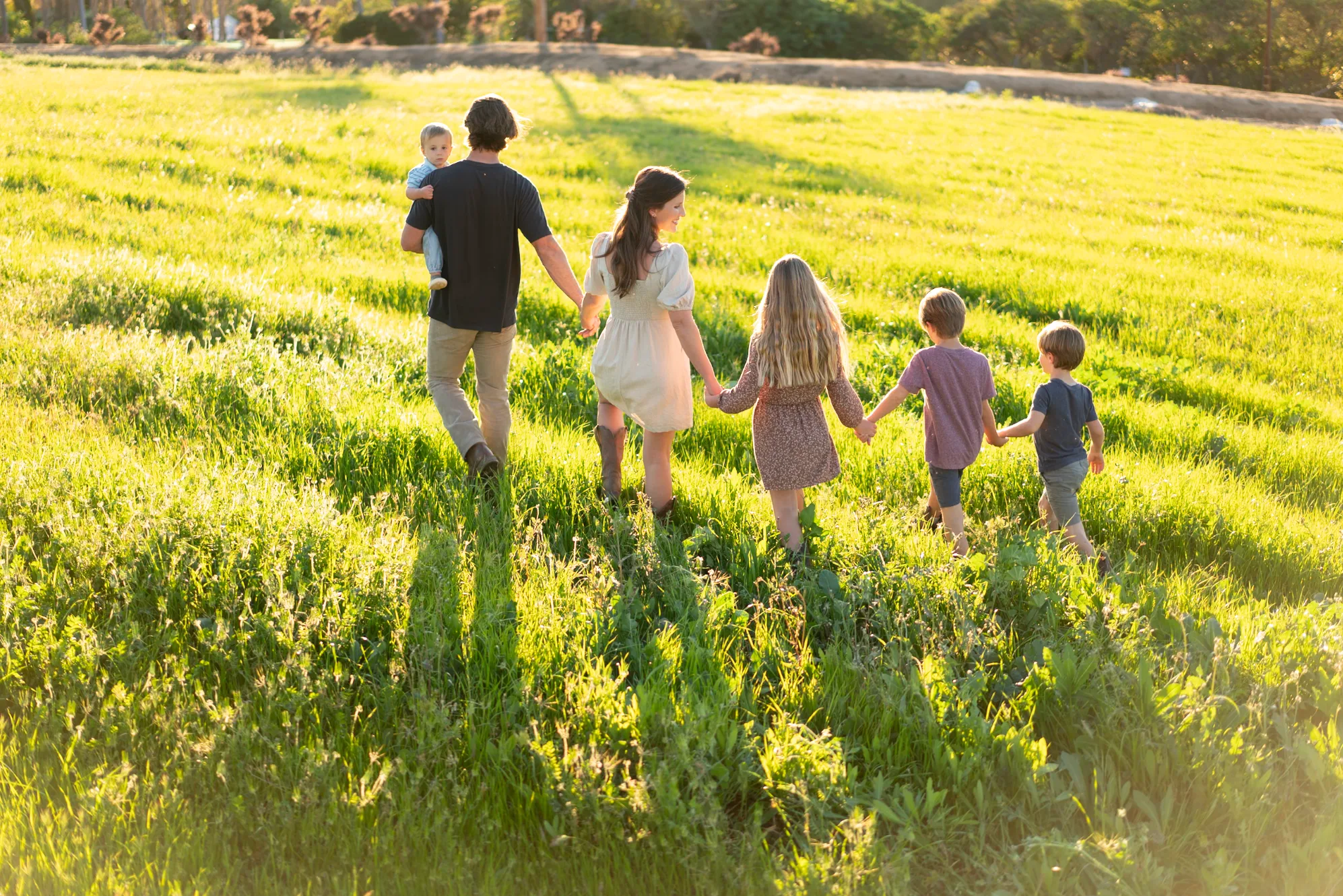 The family walking out into a field of yellow bloom