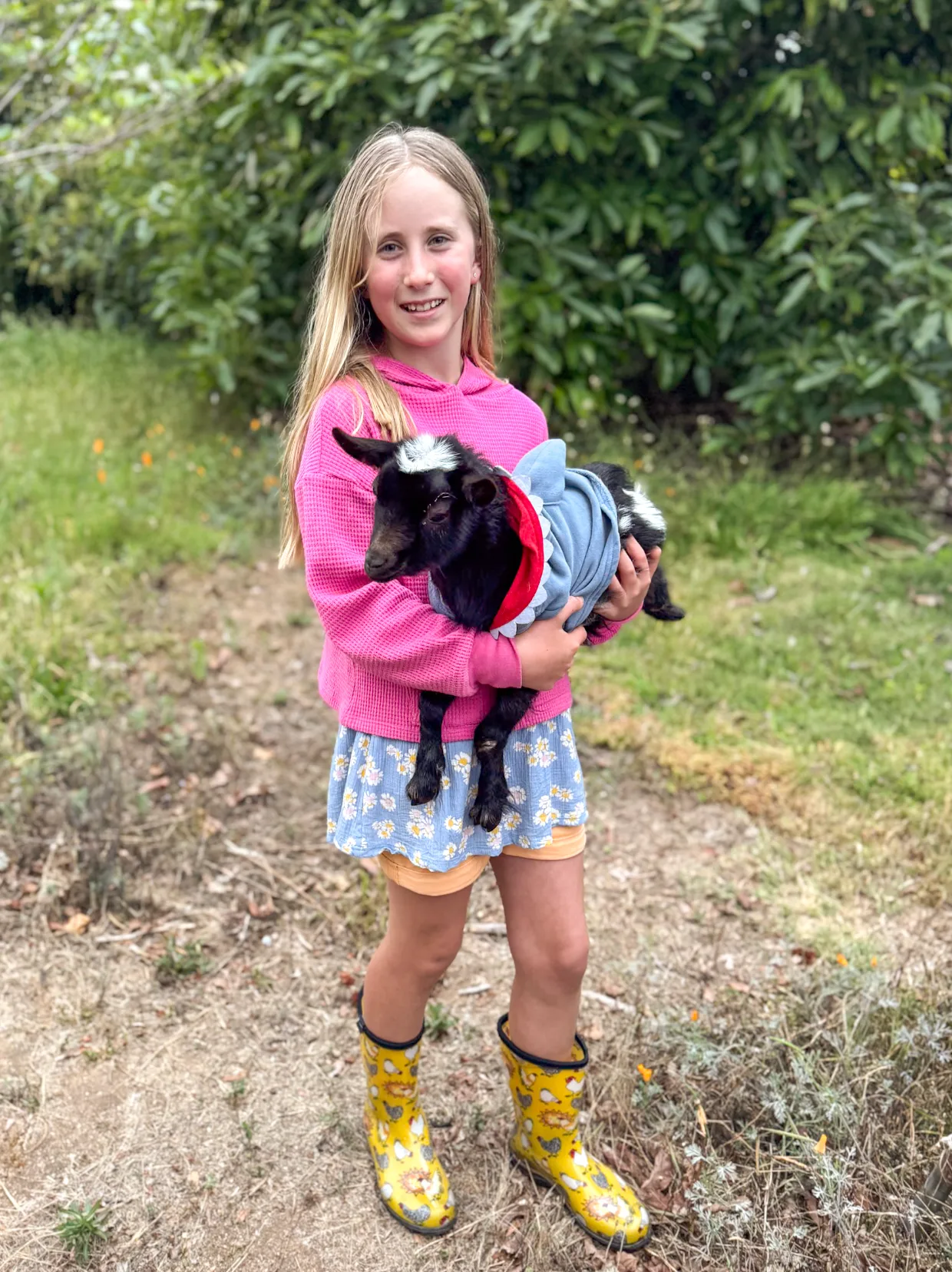 A girl in rain boots holding a black baby goat