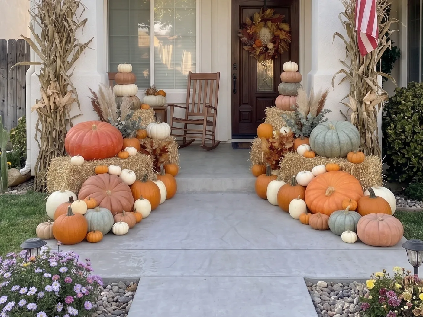 The Estate package, a multi-zone install with cornstalks, tiered hay bales, and pumpkins running the length of the entry and walkway