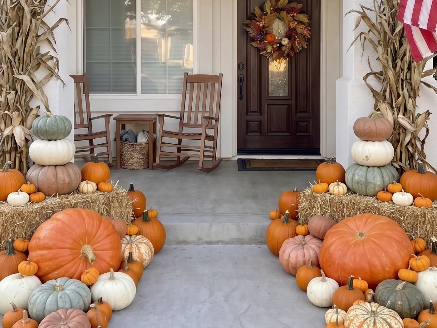 The Harvest package across a wide entry, hay bale tiers and a full sweep of pumpkins on both sides of the walkway