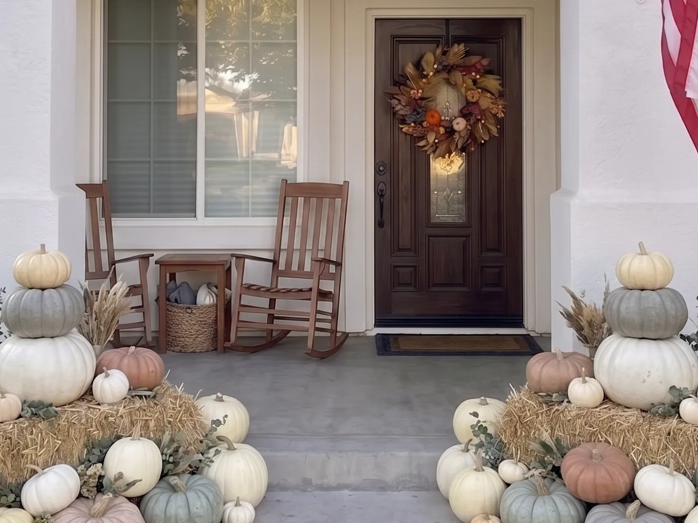 The Heirloom package in neutrals, white and blue-grey heirloom pumpkins stacked on hay bales with eucalyptus