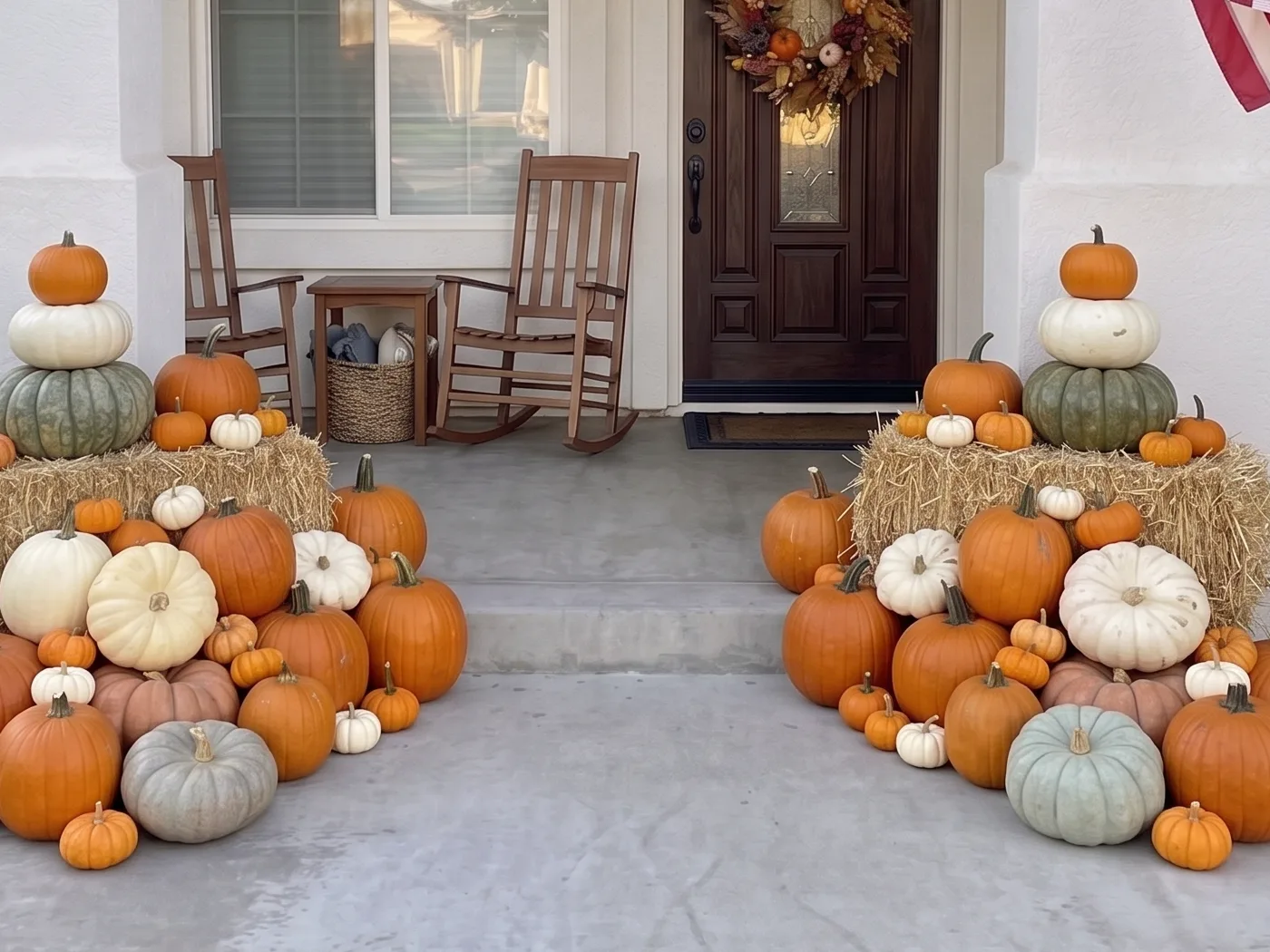 The Signature package on an arched stucco entry, cornstalks, hay bales, and stacked pumpkins flanking the walkway