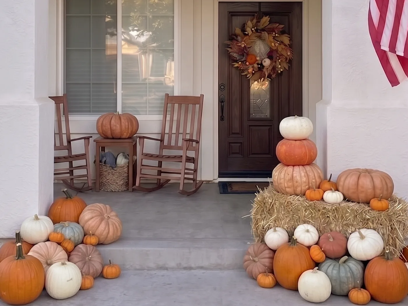 The Welcome package styled on a stucco entry, pumpkins grouped at the steps and a hay bale stack beside the door