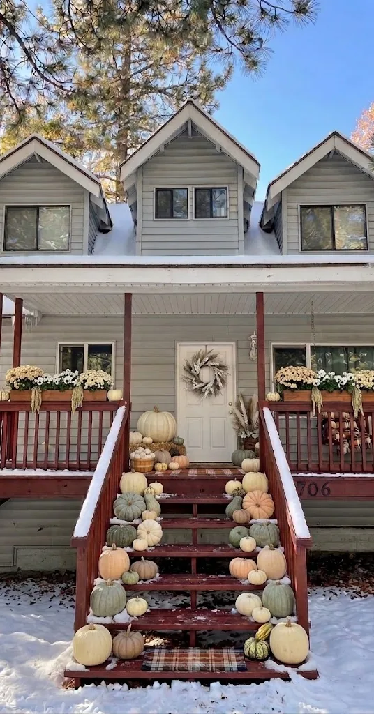 A cabin staircase styled the full length with neutral white and heirloom pumpkins, white mums in the porch planters and a wheat wreath on the door