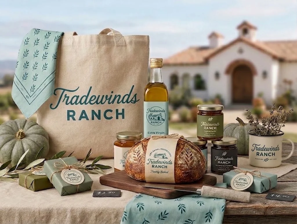 Tradewinds Ranch goods: tote, tea towels, olive oil, and jam