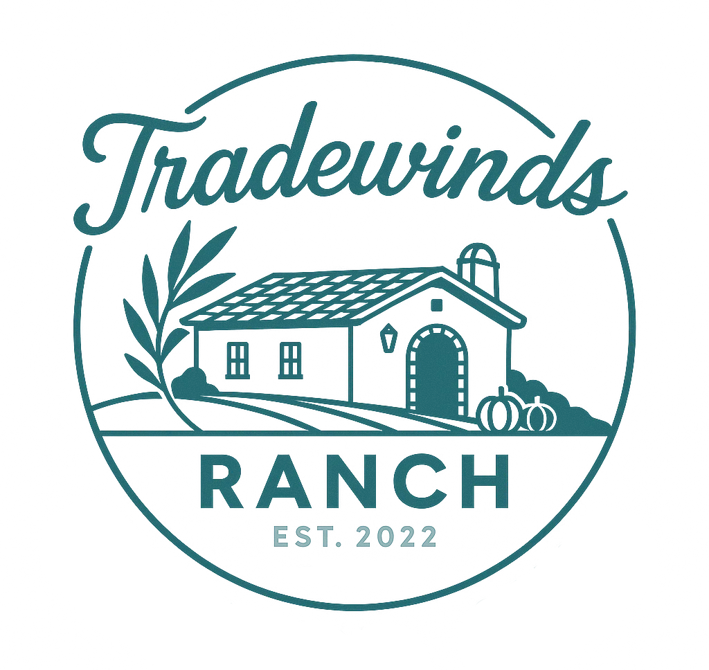 Tradewinds Ranch circular logo with a Spanish-style ranch building, Oceanside California, established 2022